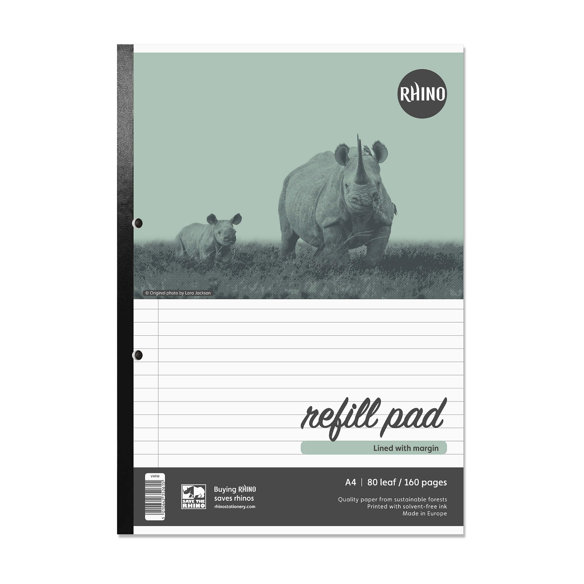 RHINO A4 Refill Pad, Writing Pad, 160-Page / 8mm Lined with Margin, 1-Pack, White Hole Punched Side Binding Writing Paper, Office & School Stationery Supplies