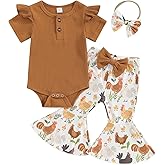 Newborn Baby Girl Summer Outfit Farm Chicken Romper Onesie Flare Pants Infant Clothes