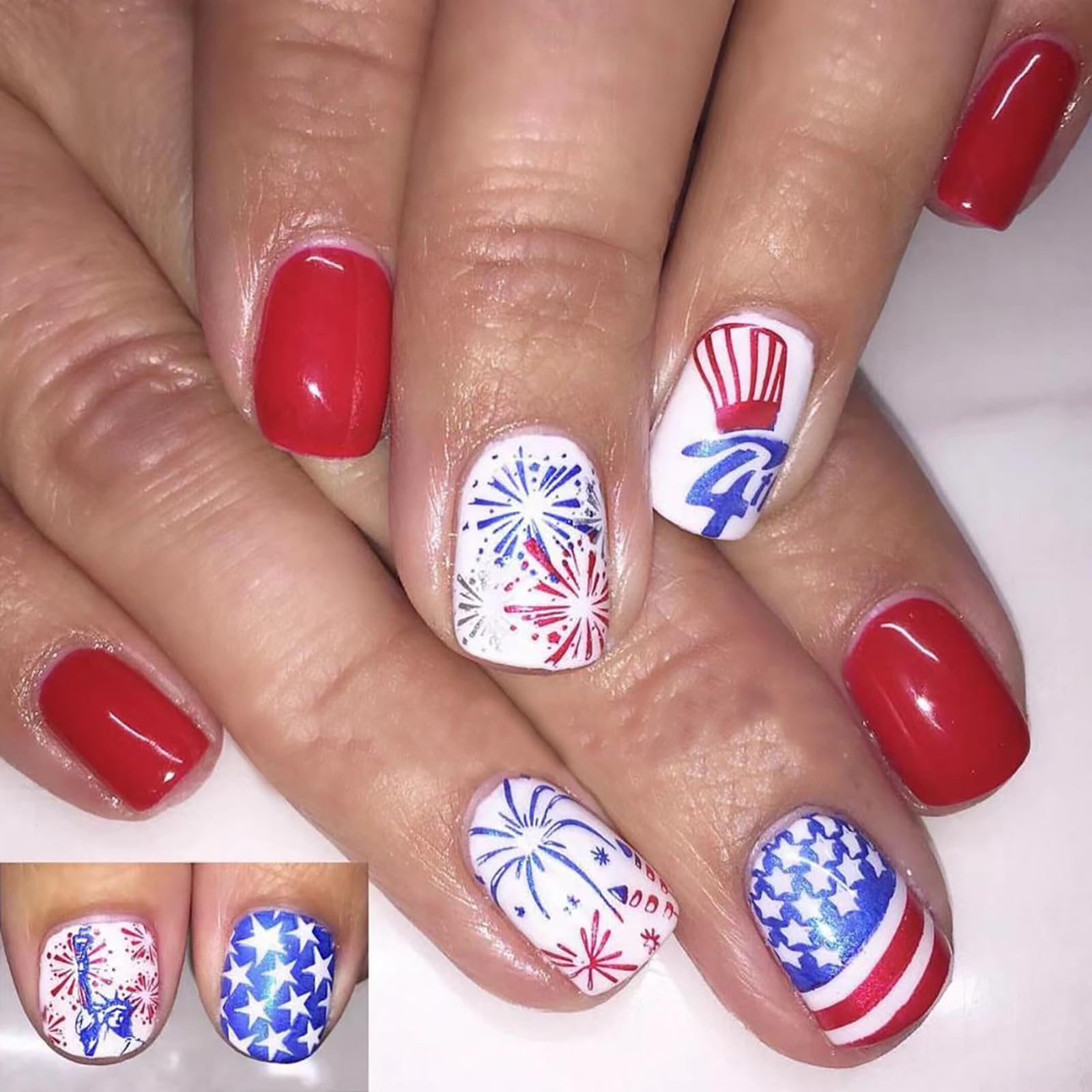 Photo 1 of 4th of July Press on Nails Short Square False Nails with Star Fireworks Designs Red Glossy Glue on Nails Acrylic Nails Petite Fake Nails Reusable Full Cover America Flag Nails for Women Girls 24Pcs