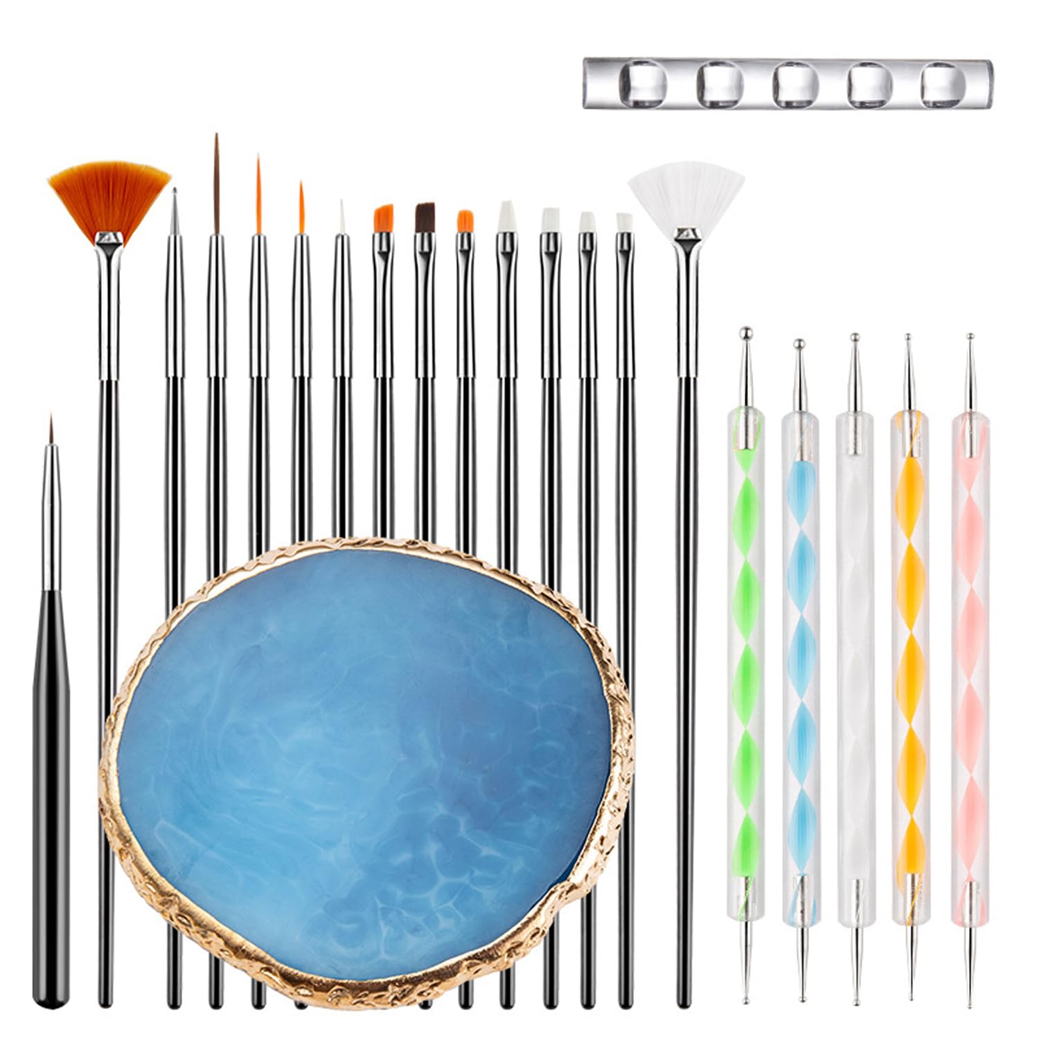 Photo 1 of Nail Art Brush 22-Piece Set, 2-Way Acrylic Silicone Engraving Pen Dotting Pen Tools Nail Art Kit, Resin Nail Art Palette, For Nail Art DIY Home Salon Makeup Display Board (Blue)