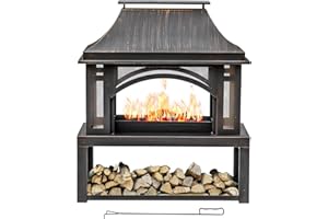 PANOVUE 39" Fire Pits with Wood Storage for Outside, Large Wood Burning Outdoor Fireplace with Chimney, Mesh Spark Screen & Fire Poker, Idea for Backyard, Patio, Party, Camping, Picnic