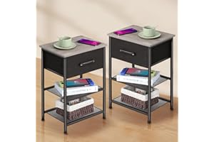 LAKEMID Nightstands Set of 2 with Drawer, Bedside Table End Table with 2 Layers Metal Shelf for Bedroom Sofa Couch (Grey)