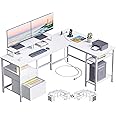 Furologee White 59” L Shaped Desk with Power Outlet, Reversible Computer Desk with File Drawer & 2 Monitor Stands, Corner Home Office Table with Storage Shelves for Gaming Writing