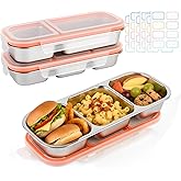 2 Pack Stainless Steel Snack Containers, 3+2 Compartment Snack boxes, Reusable Snack Containers with Lids for Adults - Leakproof Divided Metal Food Storage Bento Lunch Box for Work, Office, Travel