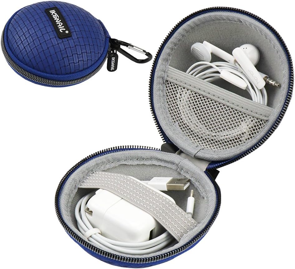 Iksnail Earbud Earphone Headphone Case with Carabiner Mini Storage Carrying Pouch Travel Organizer Bag for Wireless Bluetooth Headphone/MP3 Wired,Charger,USB Flash Drive,Cords/USB Cable Blue