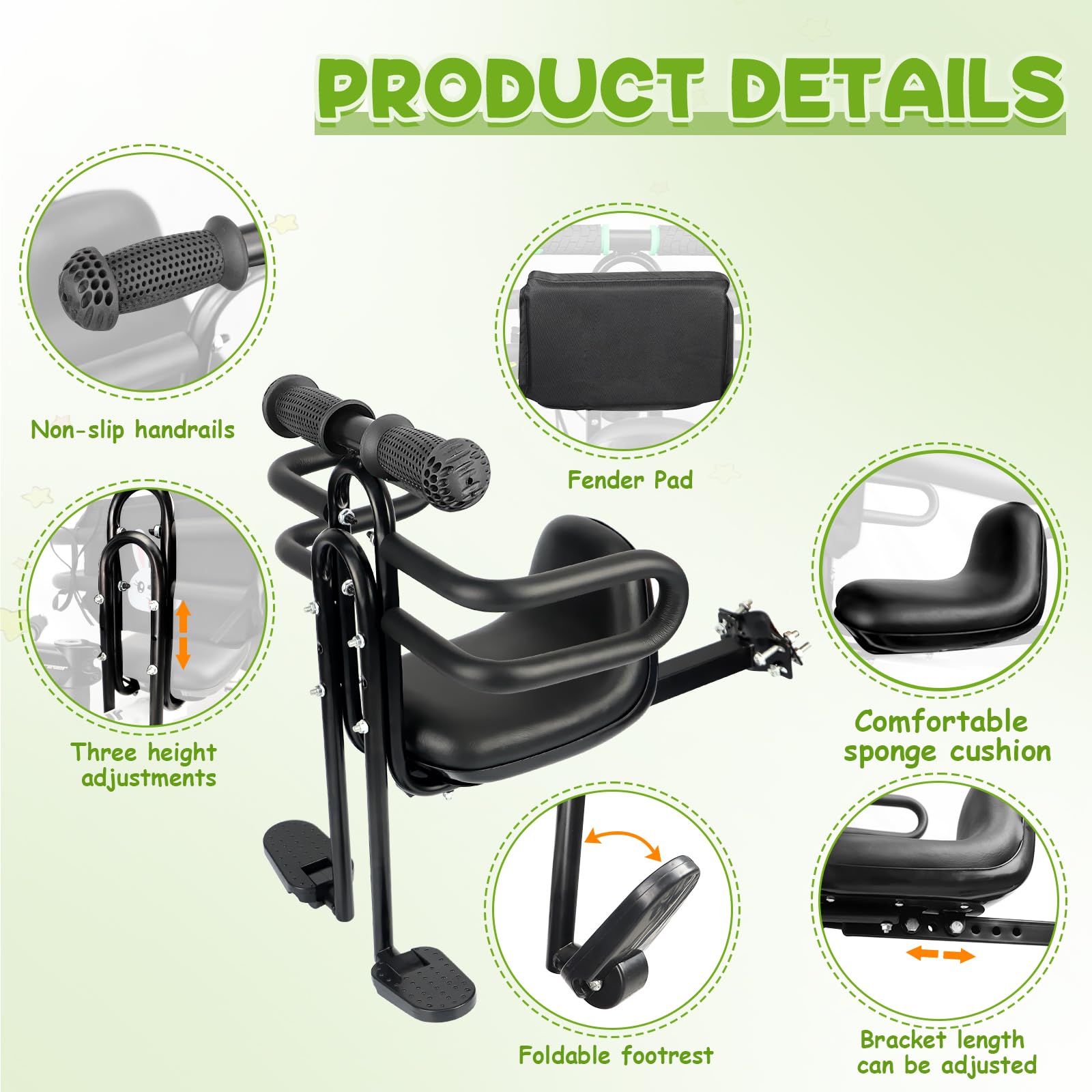 MEGHNA Bike Child Seat Front Mounted for Adult Bike Comfortable Baby Bike Seat with Backrest Adjustable Height and Position Bicycle Child Seat with Foot Pedals for Baby Toddle (Black - Style 1)