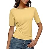 DCCISU Women's Boat Neck Top Half Sleeve Ruched Side Fitted T-Shirt Basic Casual Slim Tee