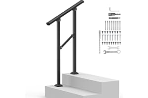VZNEK Outdoor Handrails for 1-2 Steps, Stair Railing Kit for Concrete & Porch Steps, Adjustable Black Iron Hand Rail for Seniors, Easy Installation, Retro Arch Design