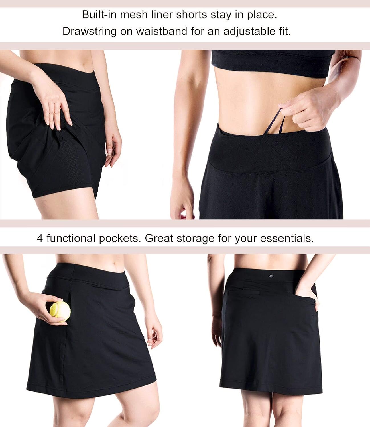Yogipace Women's 4 Pockets UPF 50+ 17" Long Tennis Skirt Running Golf Skorts: Clothing