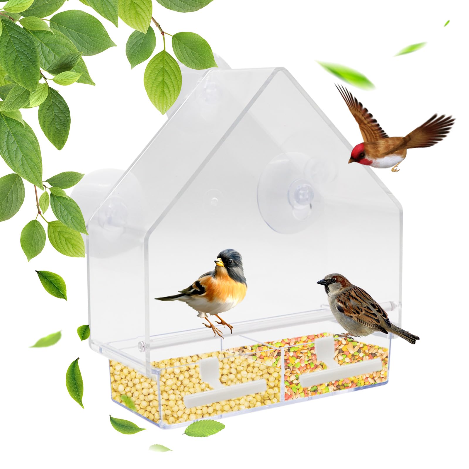 Window Bird Feeder with Strong Suction Cups Clear Window Hanging Bird Feeder Plastic Wild Bird Feeder House Bird Feeding Station for Garden Outdoor Backyard Wildlife Little Birds
