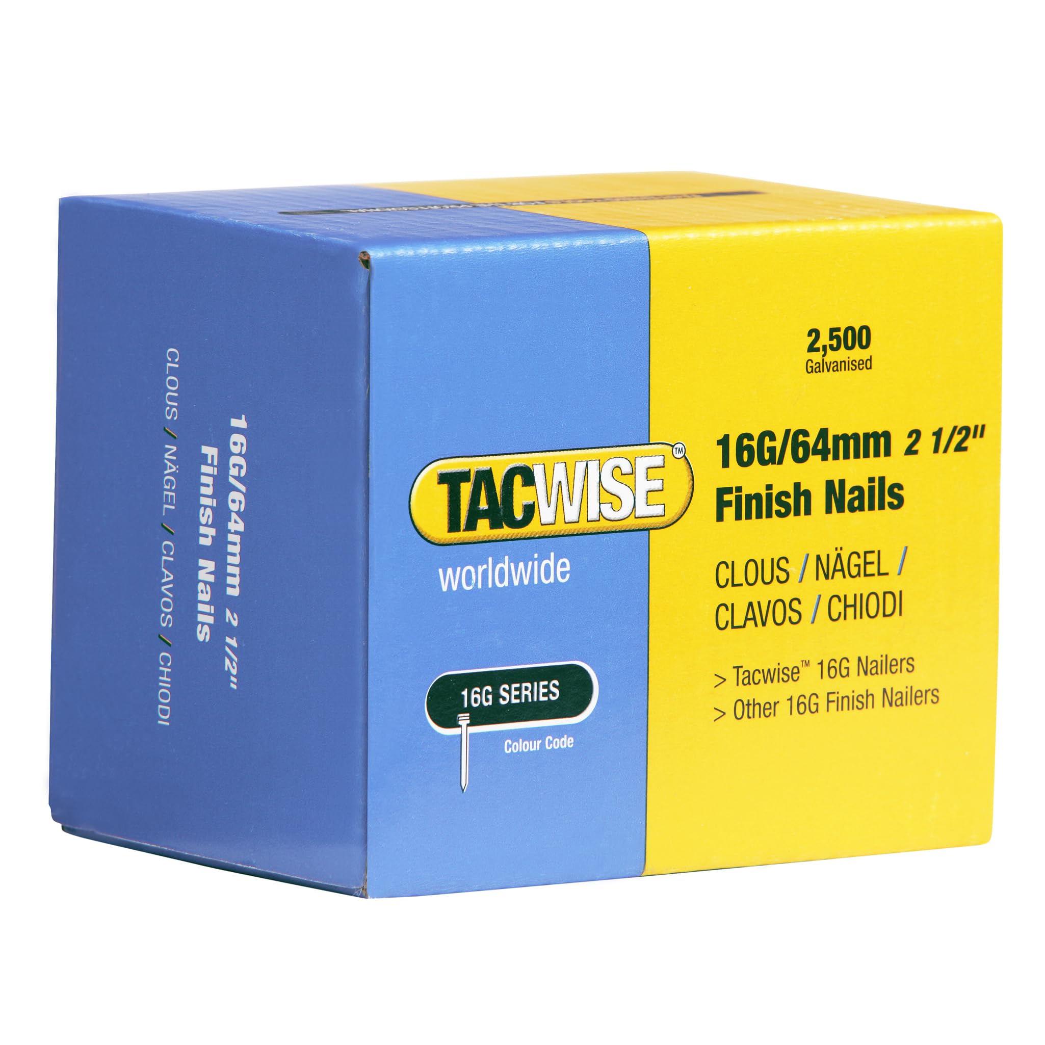 Tacwise 0301 Type 16G / 64 mm Galvanised Finish Nails, Pack of 2500