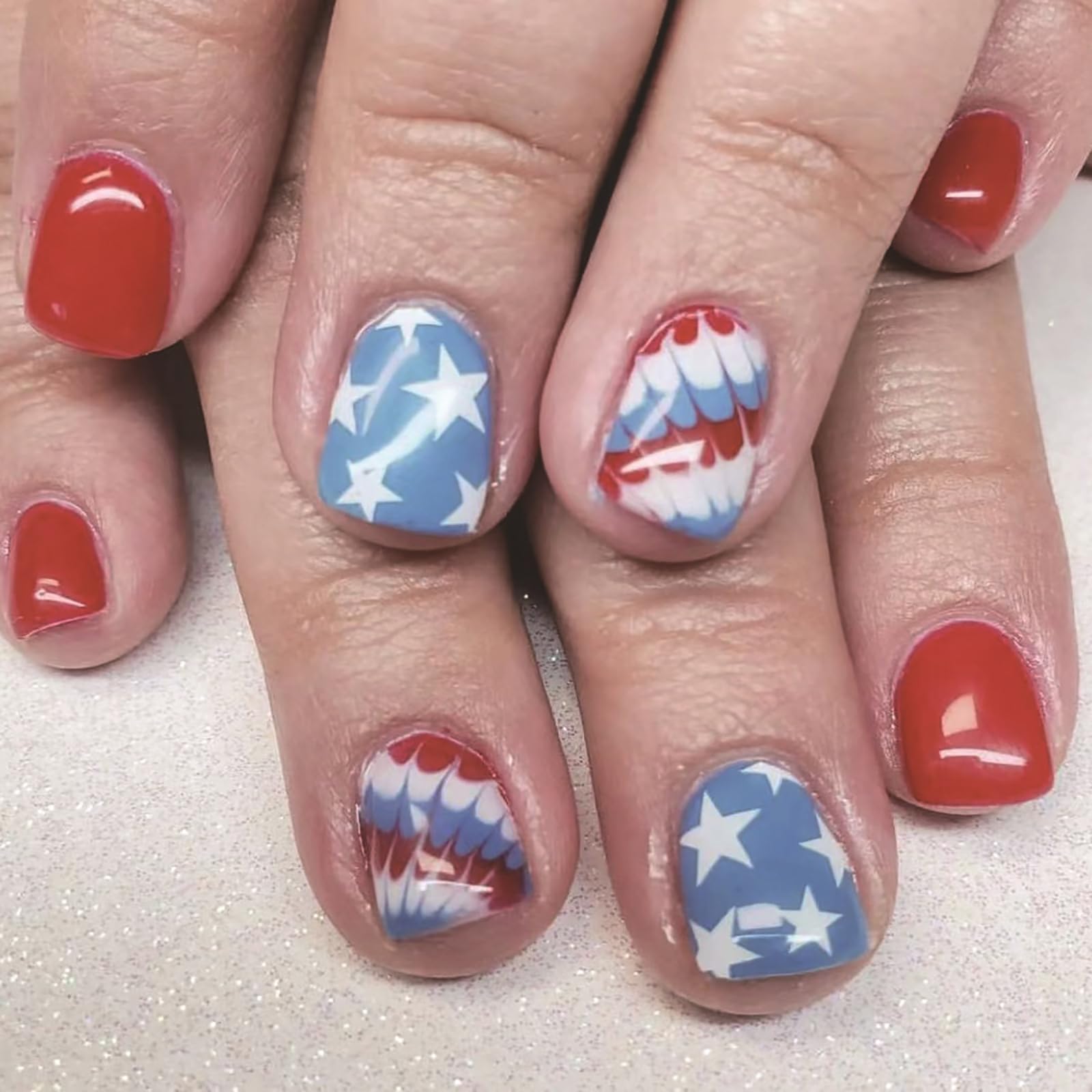 Photo 1 of 4th of July Press on Nails Short Square Red Blue Glossy False Nails Short Square Fake Nails Star Design Acrylic Nails Reusable Fake Nails Fully Cover Stick on Nails for Women Girls Nail Supplies 24Pcs