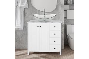 Puluomis 32 Inch Traditional Bathroom Vanity Set in White Finish, Single Bathroom Vanity with Marble Texture Top and 4 Drawers, Clear Boat Glass Sink Top with Single Faucet Hole