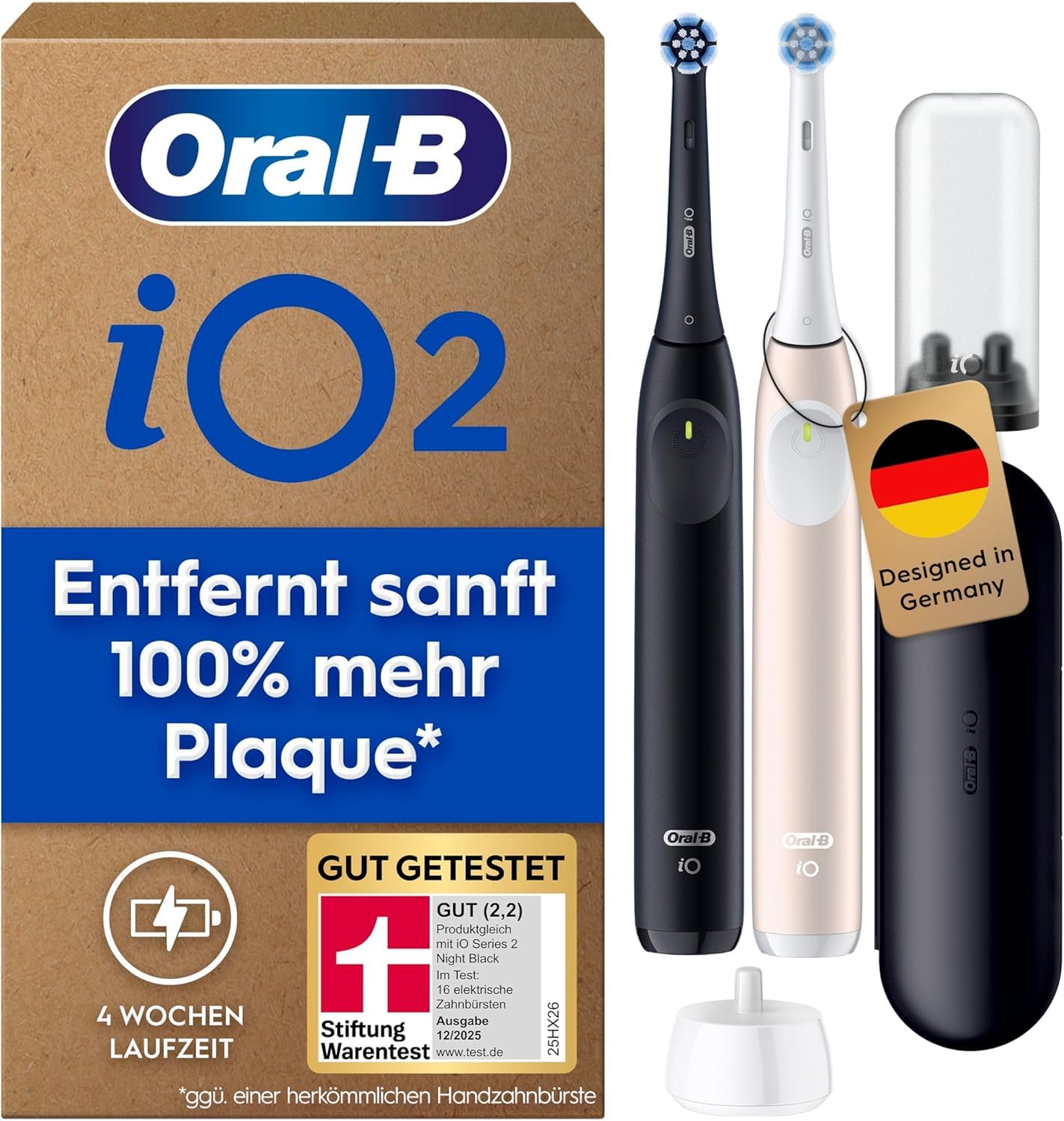 Oral-B iO Series 2 Elektrische Zahnbürste — Doppelpack — Electric Toothbrush, Inkl. 2 Aufsteckbürsten, Reise-Etui — 3 Putzmodi für Zahnpflege, GUT GETESTET (2,2) von STIFTUNG WARENTEST, Schwarz, Pink