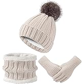 Women's Winter Hat Scarf Gloves Set (3PC), Thermal Fleece Lined Beanie Touchscreen Gloves Knit Neck Warm for Teens to Adults