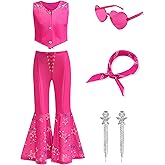 ZapLute Girls Pink Costume 6Pcs Cowgirl Movie Cosplay Kids Disco Outfits Set Halloween Birthday Party Dress up
