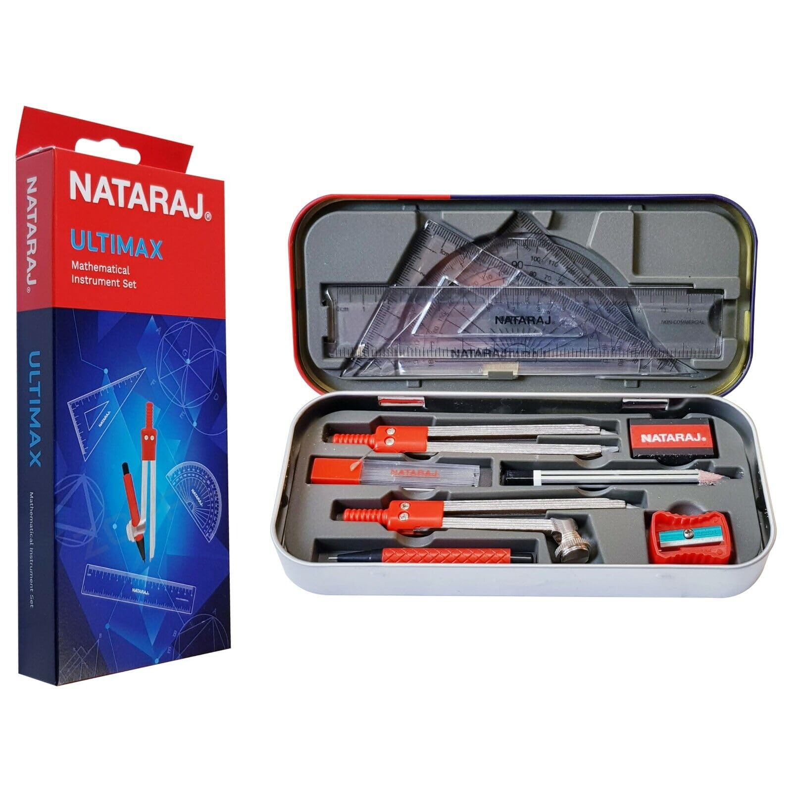 Geometry Maths Instrument Set SCHOOL Kids & Adult Office Art Metal Tin (ULTIMAX 11 Pcs Maths Tin Set)