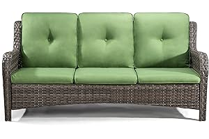 Joyside Outdoor Patio Couch Wicker Sofa - 3 Seater Rattan Sofa for Outside Patio Garden with Deep Seating and Olefin Cushions(Mixed Grey/Green)