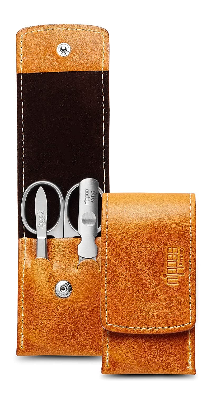 nippes Solingen Cognac Manicure Set, 3-Piece Cowhide Leather Case with Press Stud, Nail Care Set, Nail Scissors Set, Made in Germany