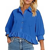 Cicy Bell Womens Cropped Button Down Shirts 3/4 Length Sleeve Casual Cotton Blouses Loose Fit Ruffle Hem Tops