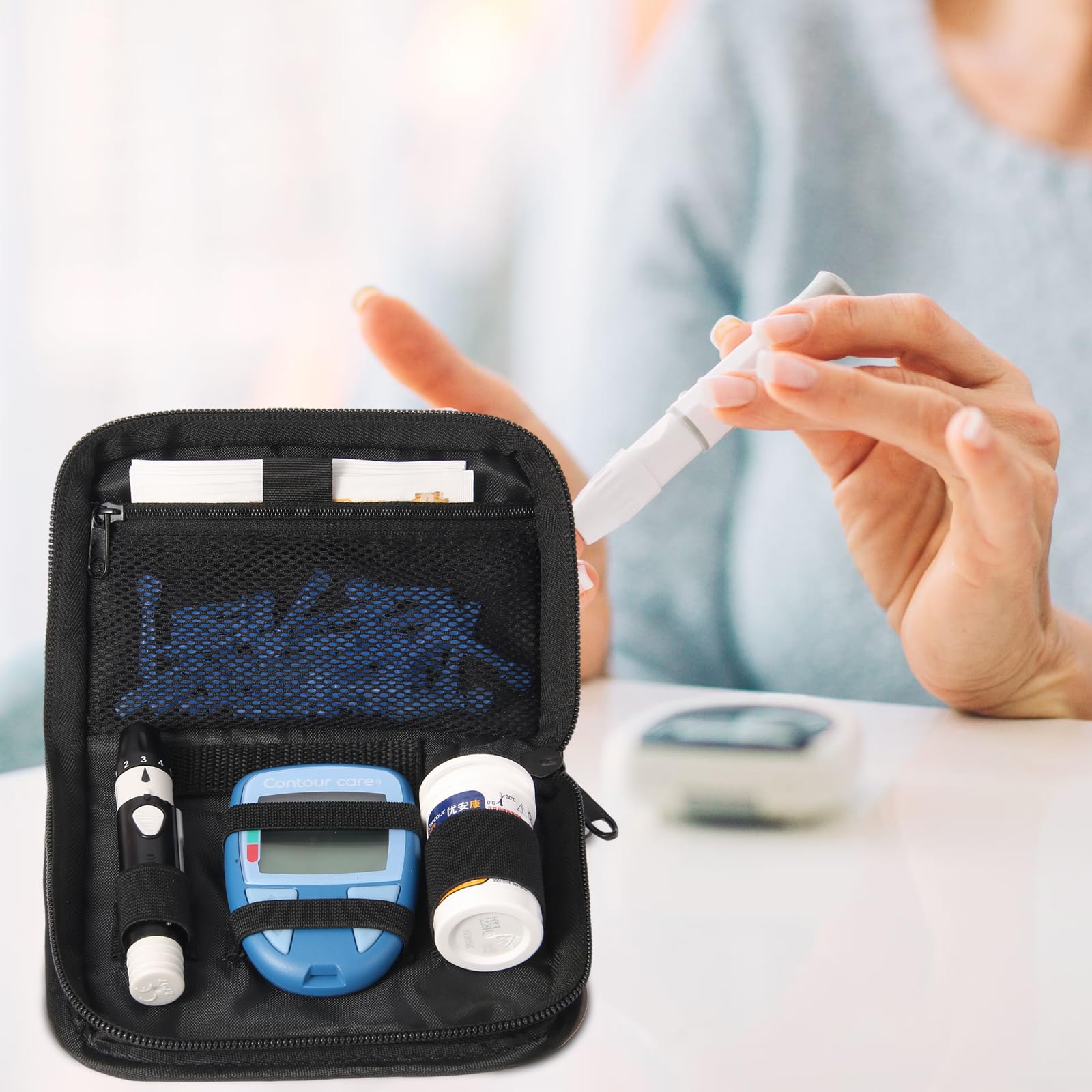 GENCAM Diabetes Supply Case, Diabetic Organizer For Test Strips With Mesh Pocket, Portable Diabetes Testing Kit bag, Travel Blood Glucose Meter Glucometer Storage Bag, Glucose Monitor Case