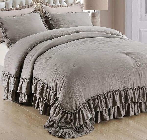 QSH SHABBY GREY RUFFLED CHIC COMFORTER QUEEN SIZE,...