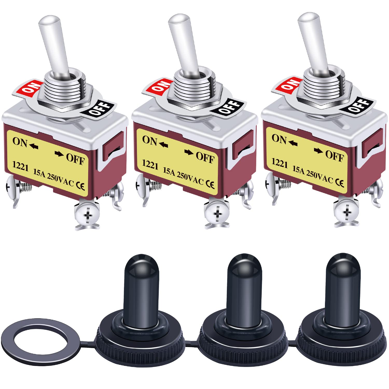 Taiss/3pcs Rocker Toggle Switch Heavy Duty 15A 250V 20A 125V DPST 4 Pin ON/OFF + 3pcs Waterproof Cover Ten-1221-MZ