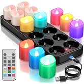 Yme Rechargeable Color Changing Tea Lights Candles with Remote &amp; Timer | 9 RGB Modes, Flameless LED Votives, Battery Operated Tealights with Charging Base, for Halloween Christmas Party Decor, 12PCS