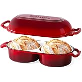 CULIVORA Cast Iron Bread Pan with Lid, Mini Enamel Sourdough Baking Dutch Oven Pot, Double Round Loaf Space for Homemade, Bread, Cake, Meatloaf, 16.5cm Diameter, 500&deg;F Oven Safe, Non Stick, Red
