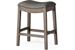 Maven Lane Adrien Backless Counter Stool – 26 Inches – Saddle Stool with Footrest – Grey Solid Wood Frame & Grey Faux Leather Upholstery – Perfect for Kitchen Islands & Counters