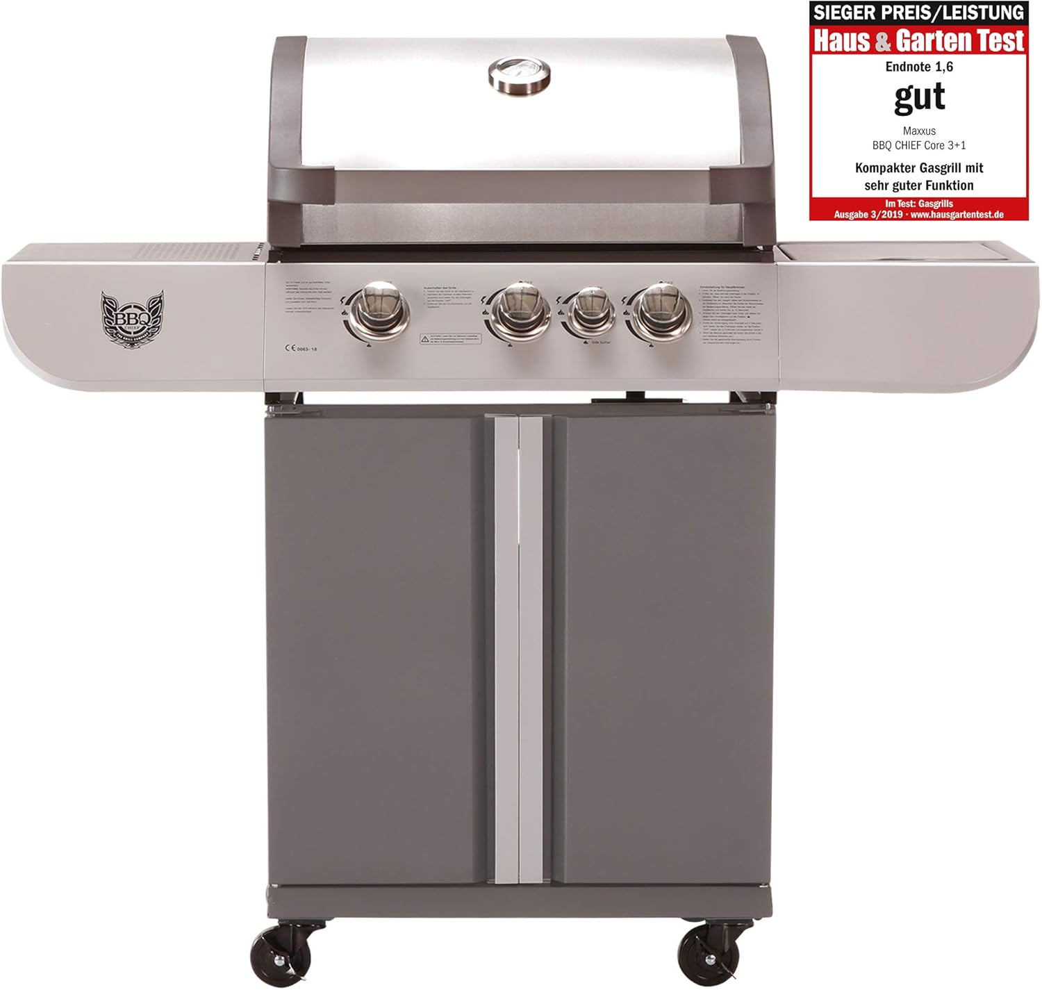 MAXXUS Gasgrill BBQ Chief Core 3+1 - Grillwagen in attraktivem Design -  3 Edelstahl-Brenner, 1 Seitenbrenner und Gusseisen Grillrost