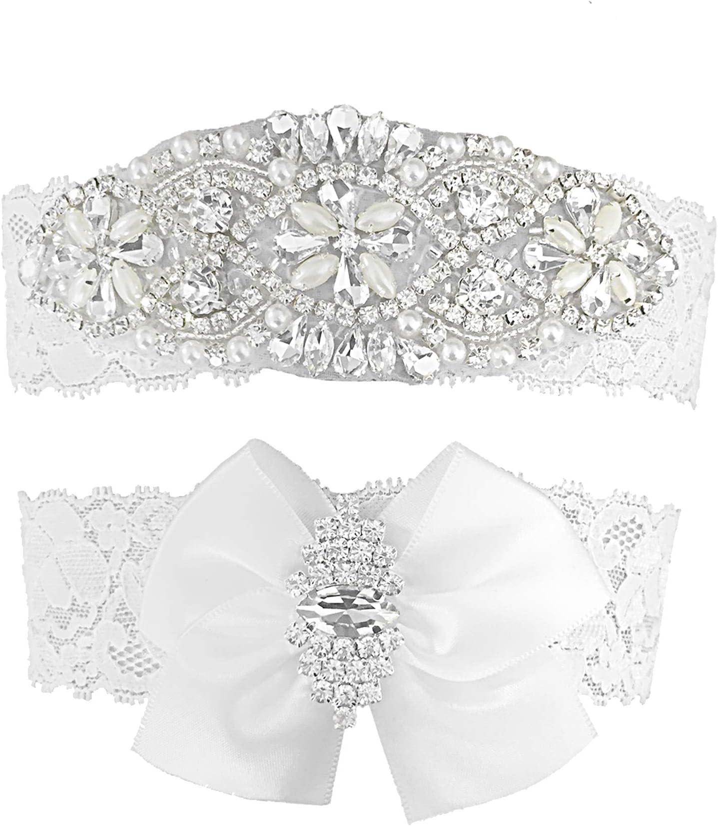 Vintage Bridal Garter Set Lace Wedding Garters For Bride White Bow Rhinestones