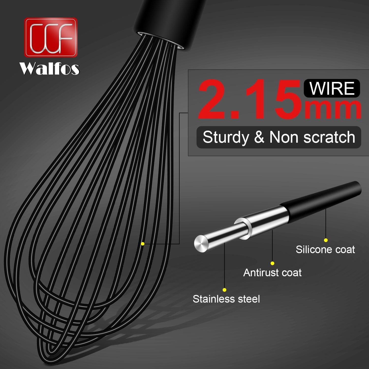 Walfos Silicone Whisk With 8in Rest,Whisks for Cooking Non Scratch,7.5+9+11in Whisk for Nonstick Cookware,Dishwasher Safe,Rest for Kitchen Counter Wisk Perfect for Blending, Baking, Beating, Set of 4
