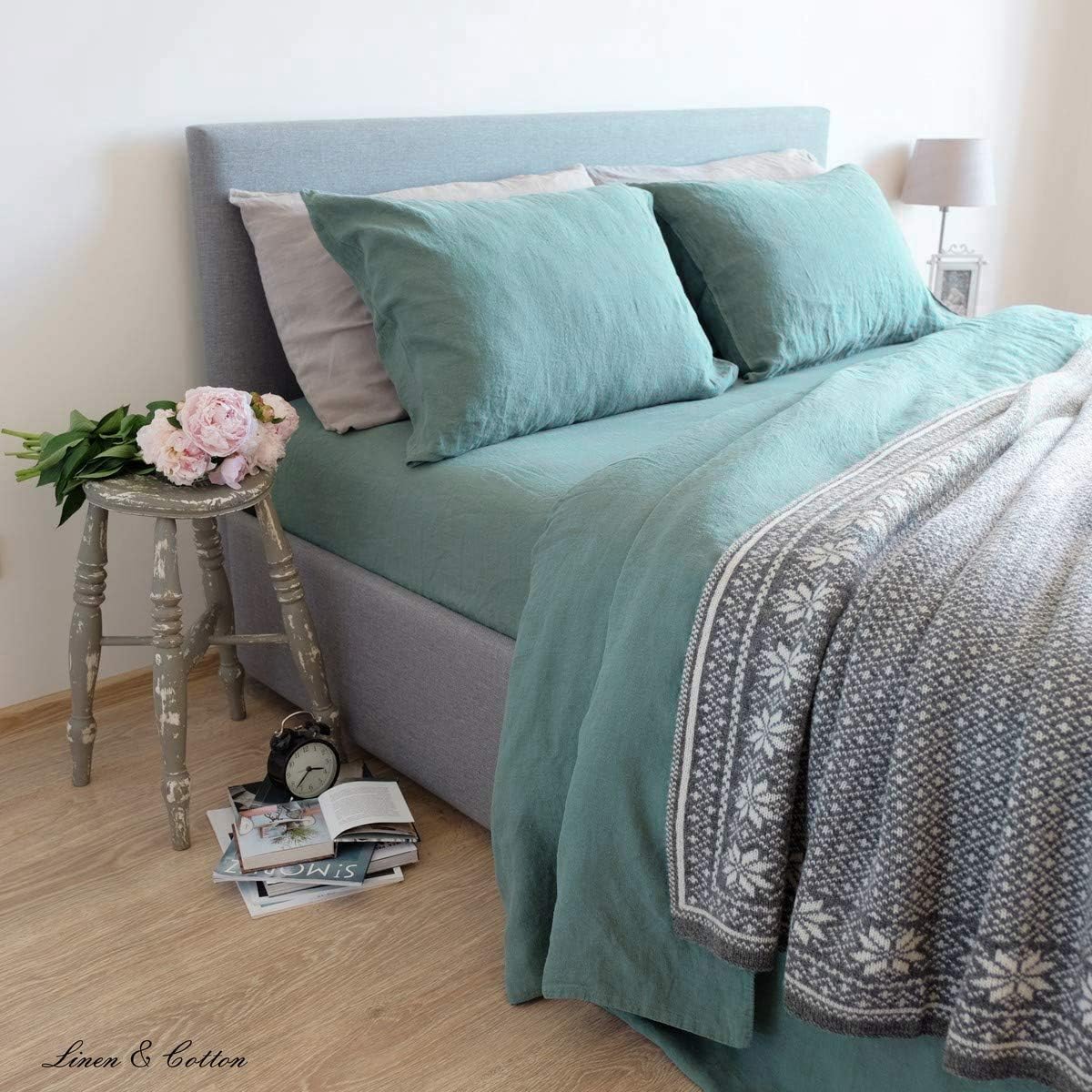 Linen & Cotton Duvet Cover Set ALICIA, 100% Stonewashed Linen - KING (230 x 220 cm), Mint Green - Image 3