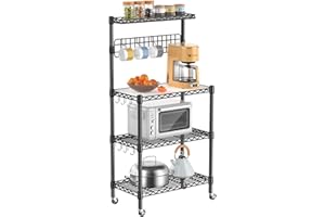 Leteuke Bakers Rack with Storage for Kitchen, NSF Certified 4-Tier Adjustable Coffee Cart Station with Wheels 10 S-Hooks Microwave Stand Kitchen Storage Shelf Metal Storage Rack 30 x 14 x 59 Inches, B