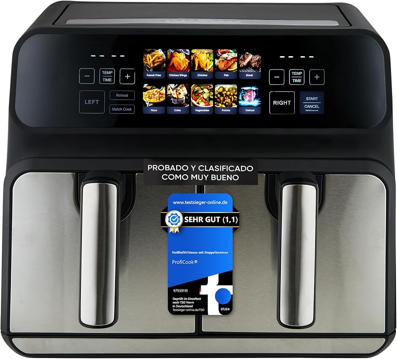 Proficook, Freidora de Aire Caliente Doble Compartimento 8L PC-FR1287H, 2 Recipientes de 4L, Acero Inoxidable, 9 Programas Automáticos, Ahorro de Energía, Apagado Automático, Freidora de Aire
