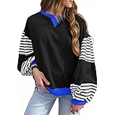 Fisoew Womens Color Block Oversized Sweatshirt Casual Lantern Long Sleeve Crewneck Striped Pullover Tops Fall Outfits Black
