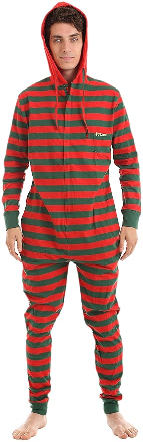 Erwachsenenstrampler Schlafoverall Ganzkörperschlafanzug ohne Füsse mit Kapuze 'Elfie' Onesie Pyjamas Rot-Grün XS-XXL