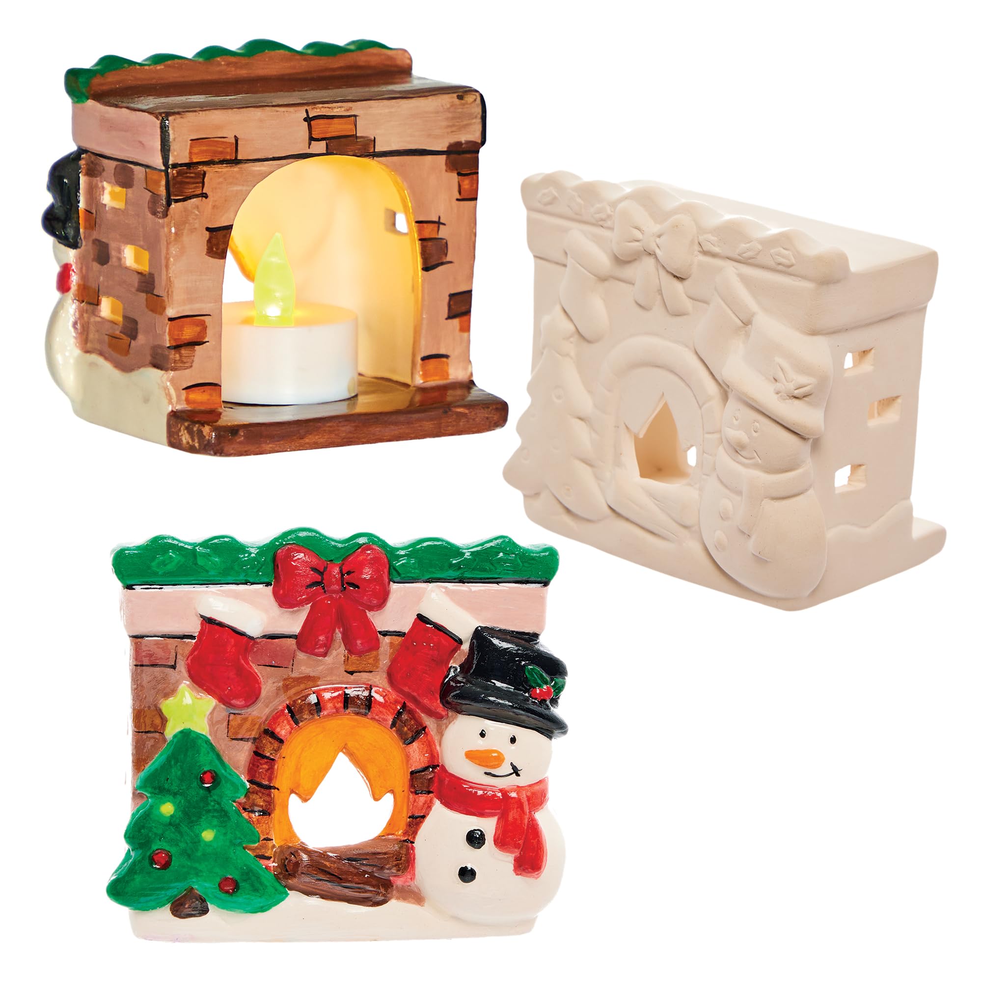 Baker Ross FX793 Christmas Fireplace Ceramic Tealight Holders - box of 3, Christmas Decoration Arts and Crafts for Kids