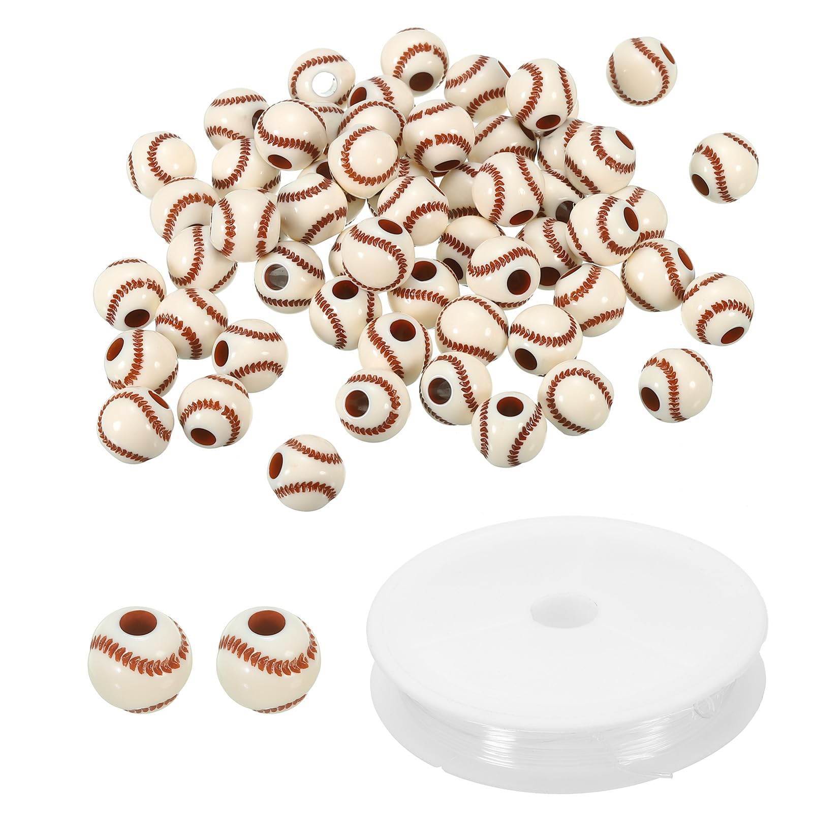 PATIKIL 12mm Acrylic Baseball Beads Bulk, 120 Pack Sports Ball Beads Round Sports Spacer Beads with 4.4 Yard Elastic Rope for DIY Crafts Bracelet Necklace Making, Beige