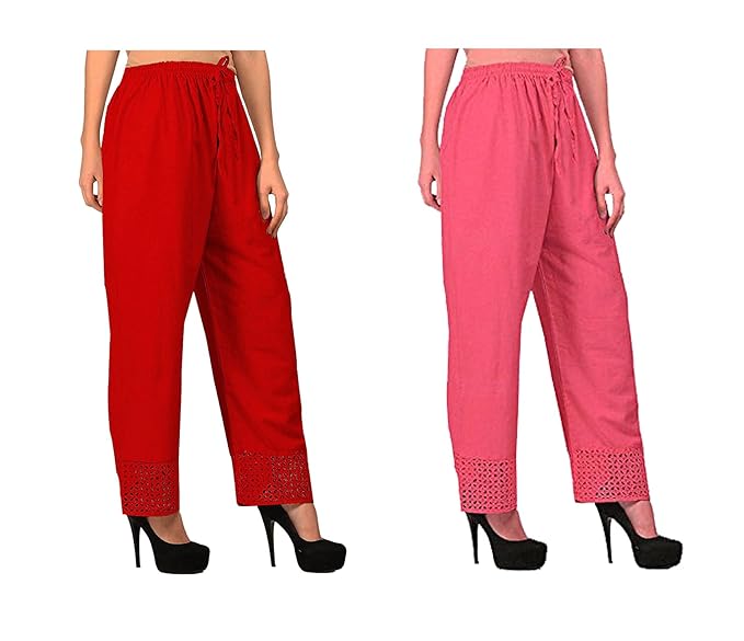 Women's Cotton Palazzo Designer Plain Casual Wear Palazzo for Women/Girl Combo Cotton Palazzo Color-RED_Peach
