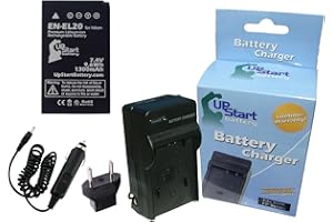UPSTART BATTERY Replacement for Nikon 1 J3 Battery and Charger with Car Plug and EU Adapter - Compatible with Nikon EN-EL20 Digital Camera Batteries and Chargers (1300mAh 7.4V Lithium-Ion)