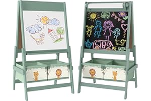 Qaba Art Easel for Kids, 3-in-1 Double-Sided Kids Easel with Paper Roll, Whiteboard & Chalkboard, 2 Storage Boxes, Gift for B