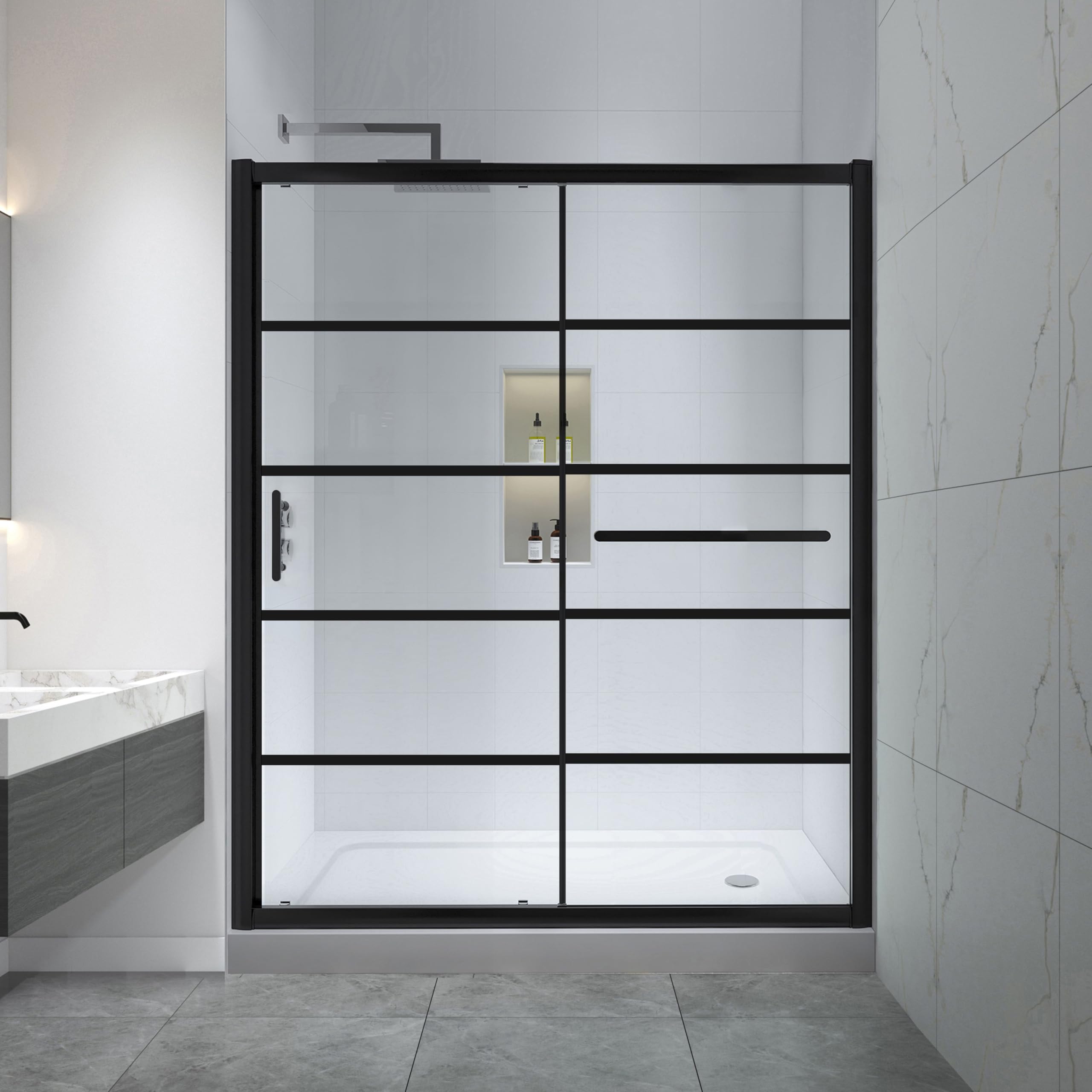 Photo 1 of FELYL 56-60" W x 72" H Framed Black Grid Pattern Single Sliding Shower Door with 1/4" (6mm) Clear SGCC Tempered Glass in Matte Black Finish, Reversible Installation