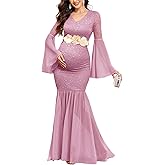 AISWI Maternity Dress Baby Shower Long Bell Sleeve Floral Lace Contrast Chiffon V-Neck Mermaid Pregnancy Photoshoot Gown