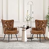 Furnimart Accent Chairs Set of 2, Brown PU Leather Reading Armchair with High Backrest, Wingback Corner Chair Mid Century Mod
