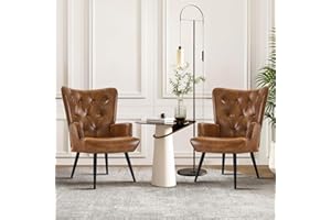 Furnimart Accent Chairs Set of 2, Brown PU Leather Reading Armchair with High Backrest, Wingback Corner Chair Mid Century Modern for Living Room, Bedroom, Waiting Room