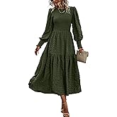 PRETTYGARDEN Women 2026 Spring Puff Long Sleeve Crewneck Smocked Maxi Dress Empire Waist Tiered A-line Swing Flowy Long Dress