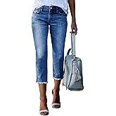 Sidefeel Women's Capri Jeans High Waisted Stretchy Straight Leg Trendy 2025 Raw Hem Capri Pants Sky Blue Size 12