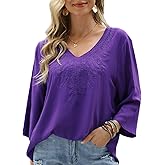 Higustar Women's Mexican Embroidered Tops Summer Peasant Solid Shirt Simple Elegant 3/4 Sleeve Casual Loose Tunic Blouses